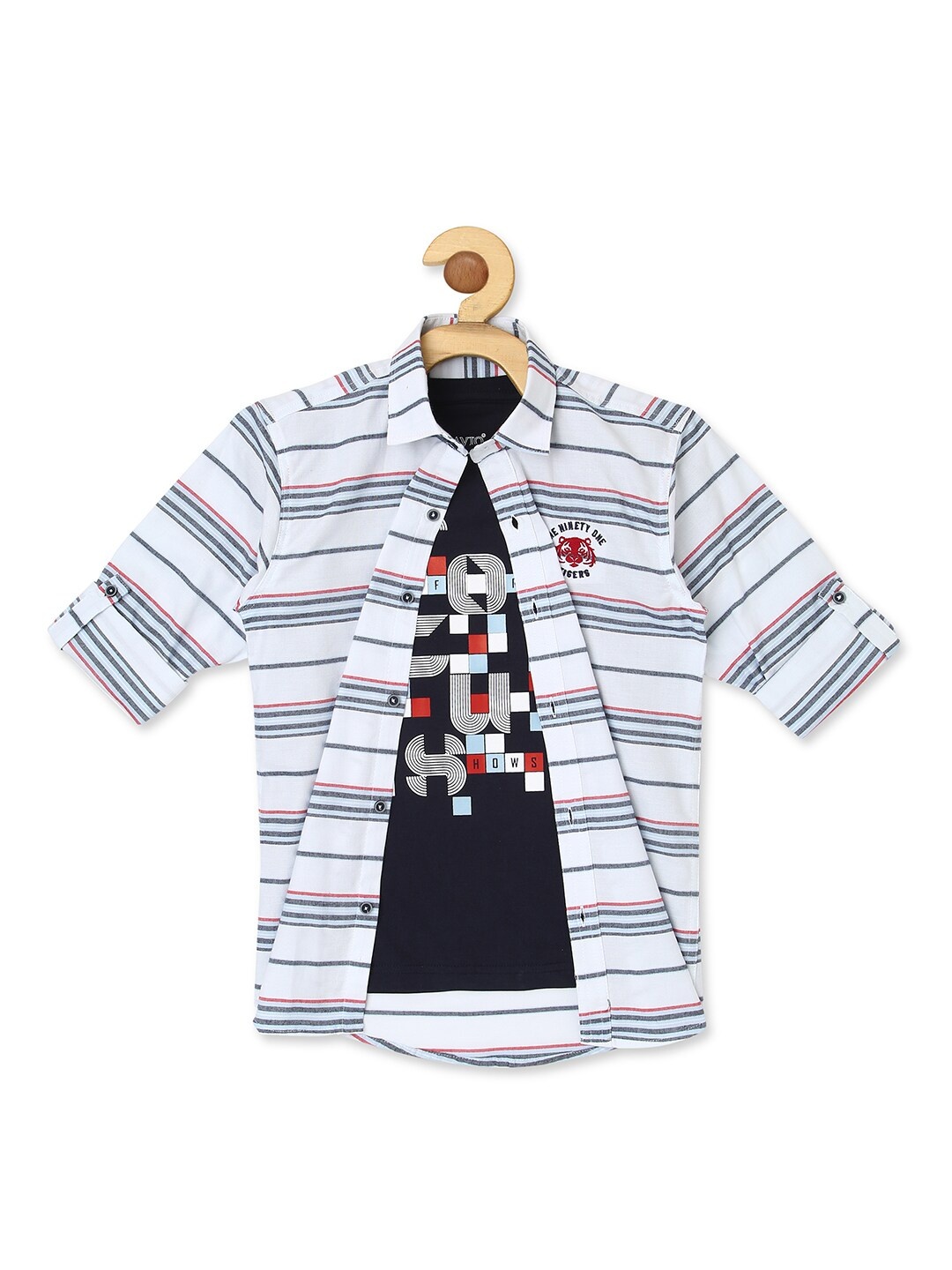 

CAVIO Boys Horizontal Striped Pure Cotton Shirt With T-shirt, White
