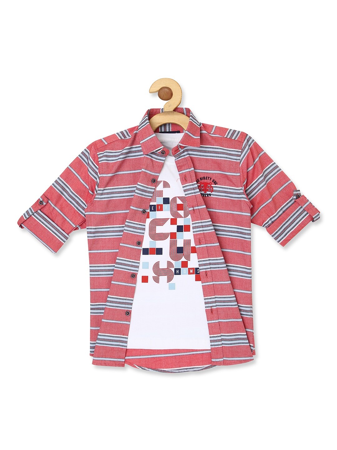 

CAVIO Boys Spread Collar Horizontal Striped Cotton Shirt & T-Shirt, Red