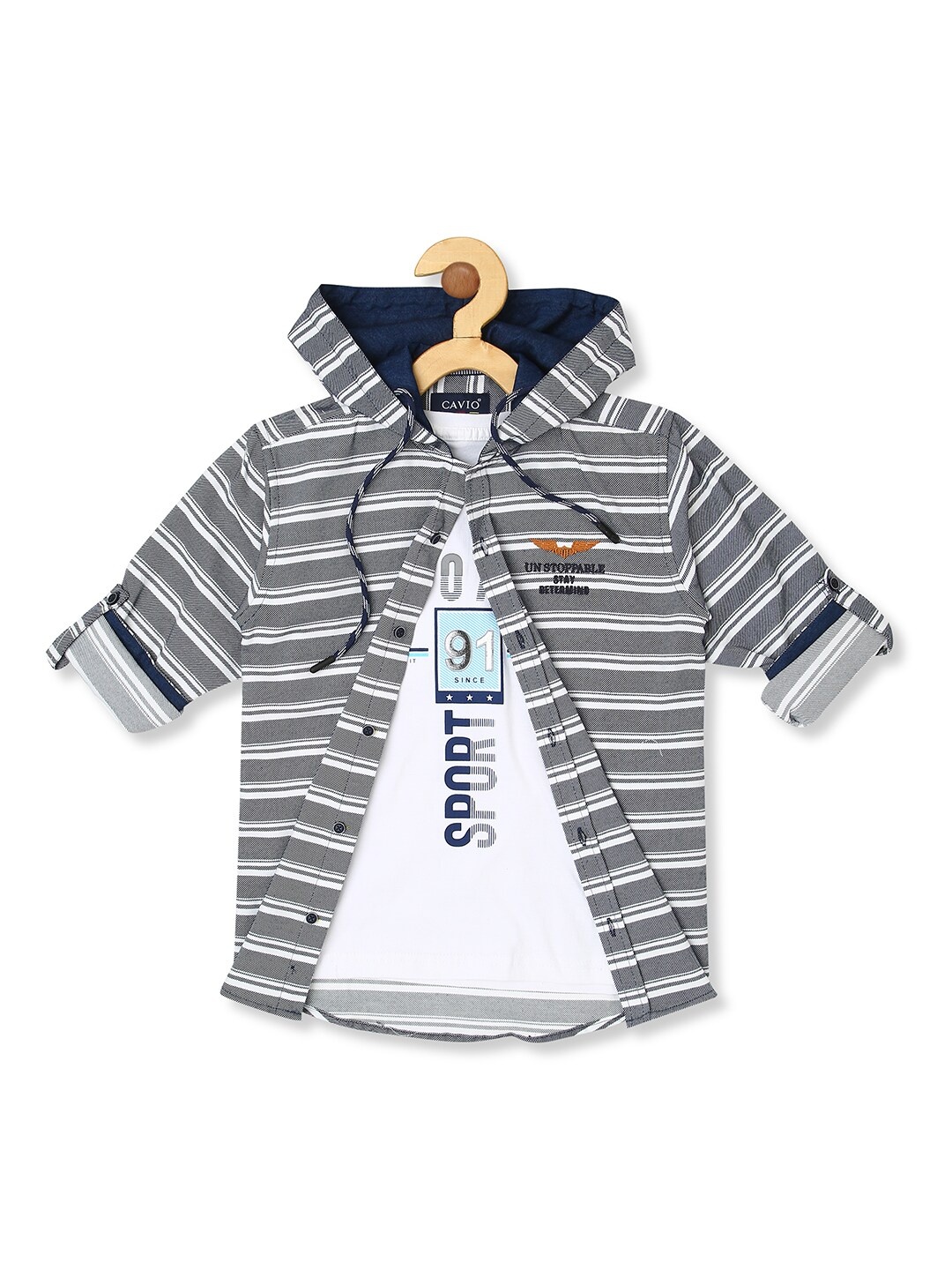 

CAVIO Boys Horizontal Stripes Cotton Casual Shirt With T-Shirt, Navy blue