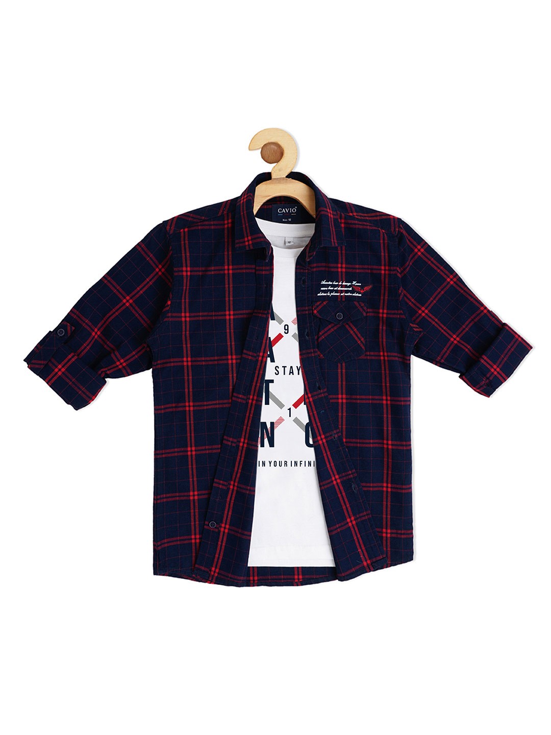 

CAVIO Boys Checked Pure Cotton Casual Shirt With T-Shirt, Navy blue