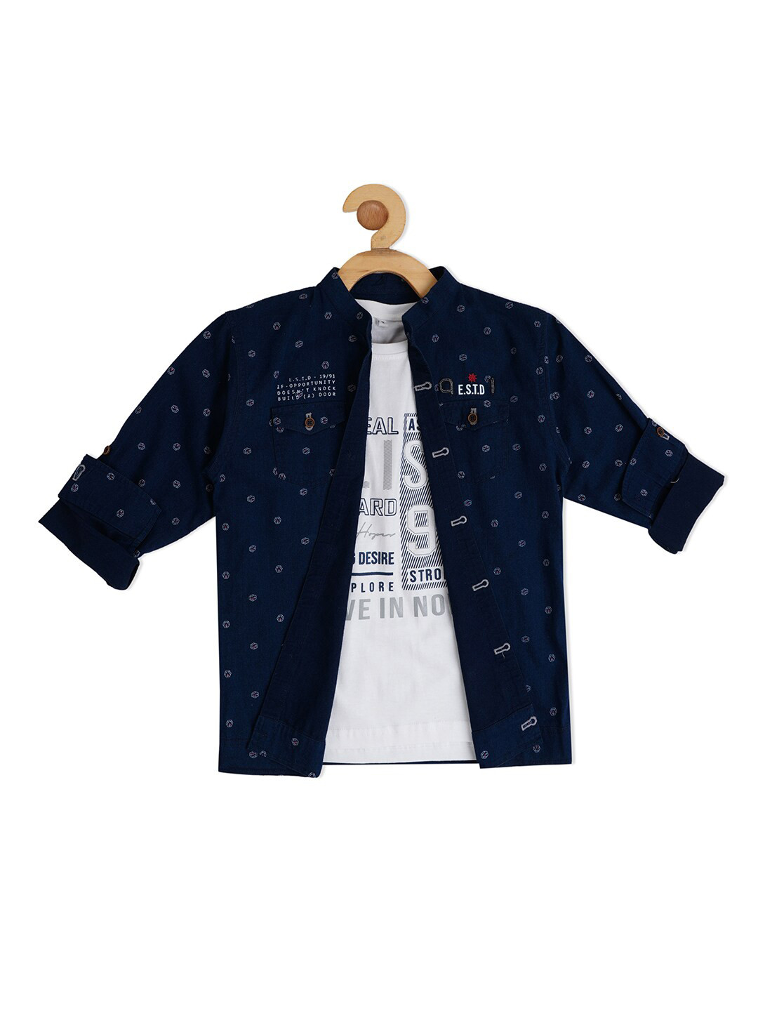 

CAVIO Boys Red Comfort Casual Pure Cotton Shirt With T-shirt, Navy blue