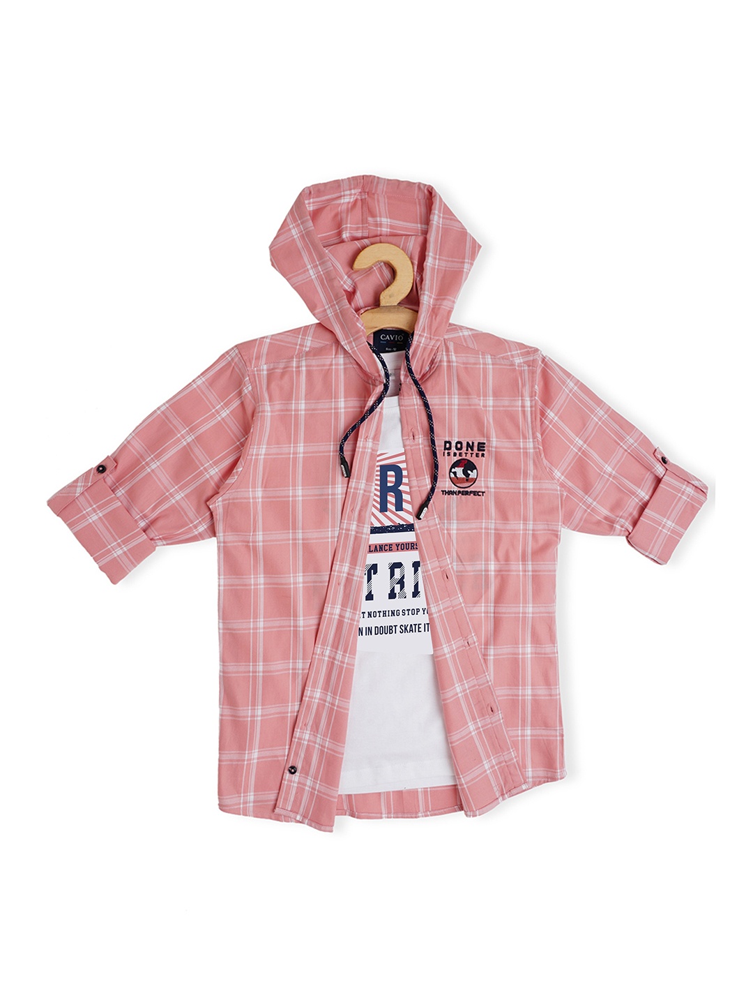 

CAVIO Boys Comfort Checked Hooded Casual Cotton Shirt with T-shirt, Peach