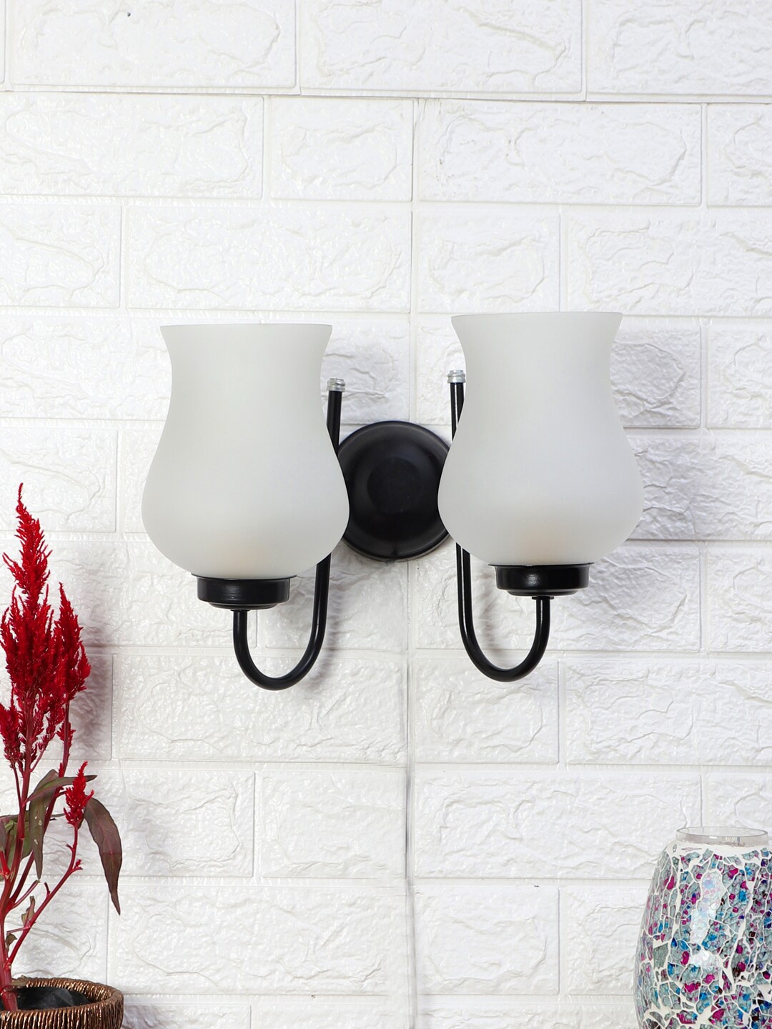 

Devansh Black & White Dual Milky Glass Wall Mounted Lamp With Iron Base