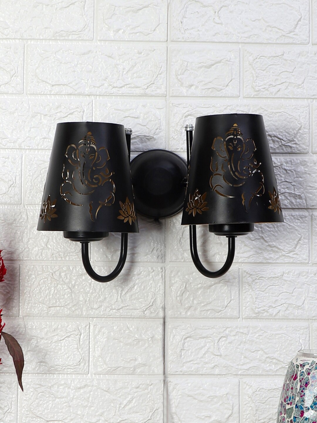 

Devansh Black Dual Etched Ganesh Ji Wall mounted Lamp With Iron Base