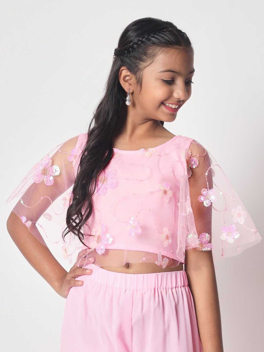 studio rasa Sleeveless Floral Embroidered Sheer Crop Top, Pink