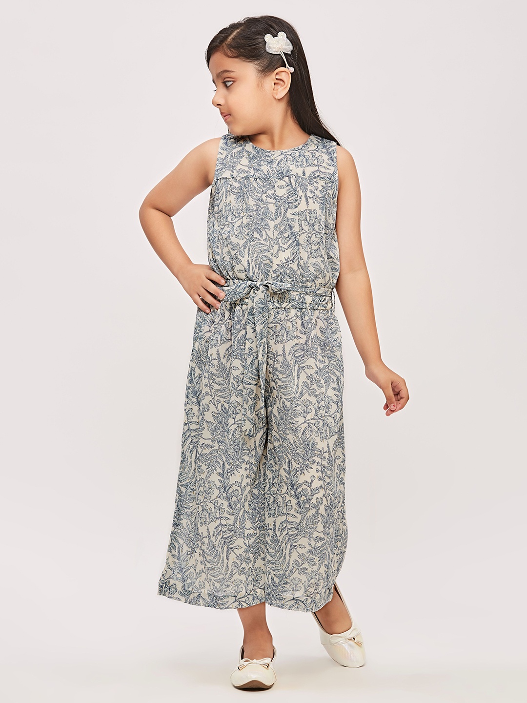 

Tiny Girl Floral Printed Sleeveless Waist Tie Up Basic Jumpsuit, Blue