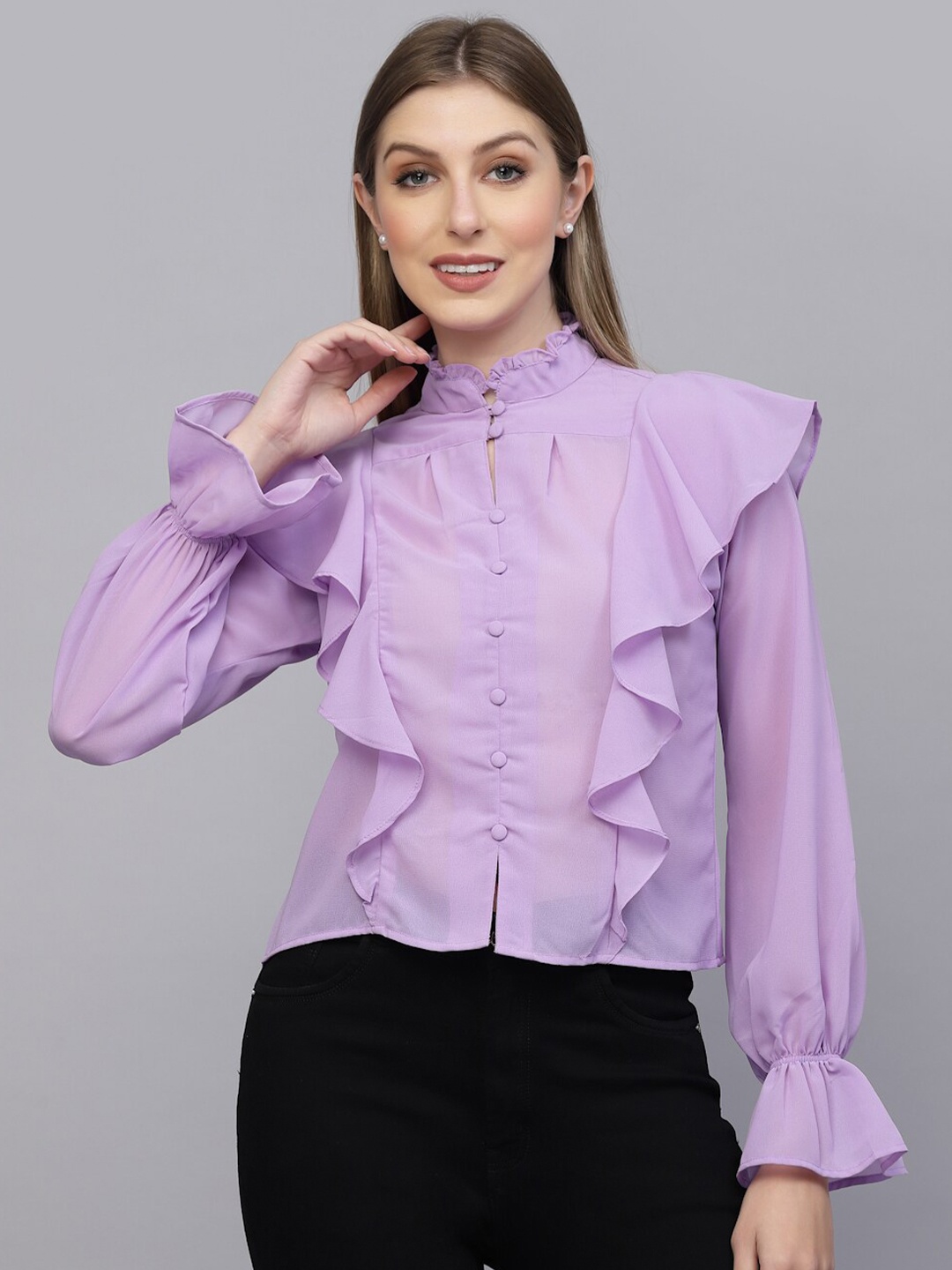 

aayu Mandarin Collar Ruffles Georgette Shirt Style Top, Purple