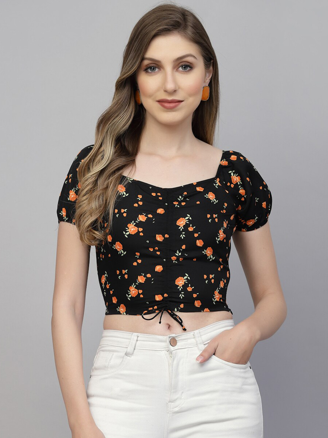 

aayu Floral Printed V Neck Ruched Crop Top, Black