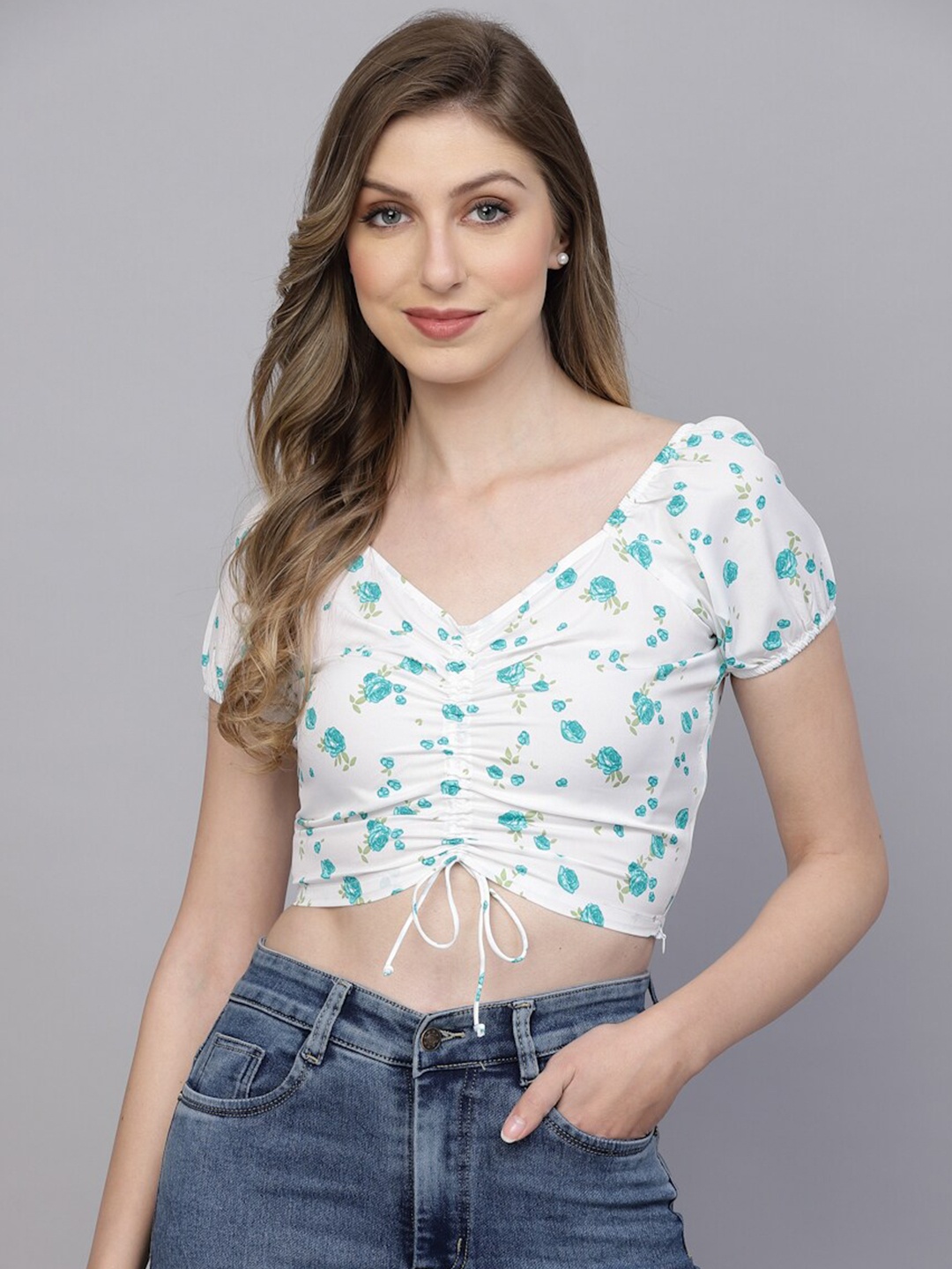 

aayu V-Neck Floral Print Ruched Crop Top, White