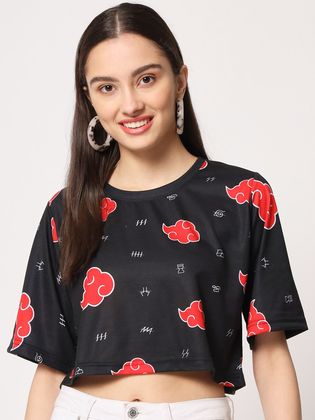 

COMICSENSE Anime Printed Naruto Akatsuki Cloud Boxy Poly-Cotton Crop Top, Black