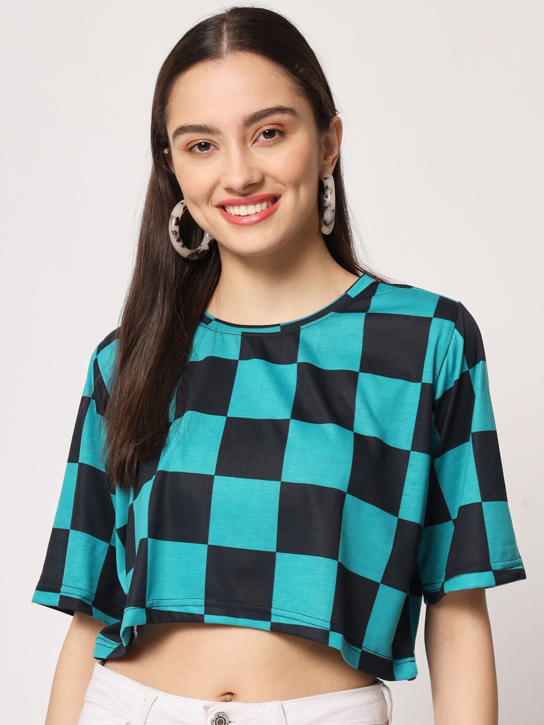 

COMICSENSE Demon Slayer Anime Tanjiro Kimono Printed Crop Top, Teal