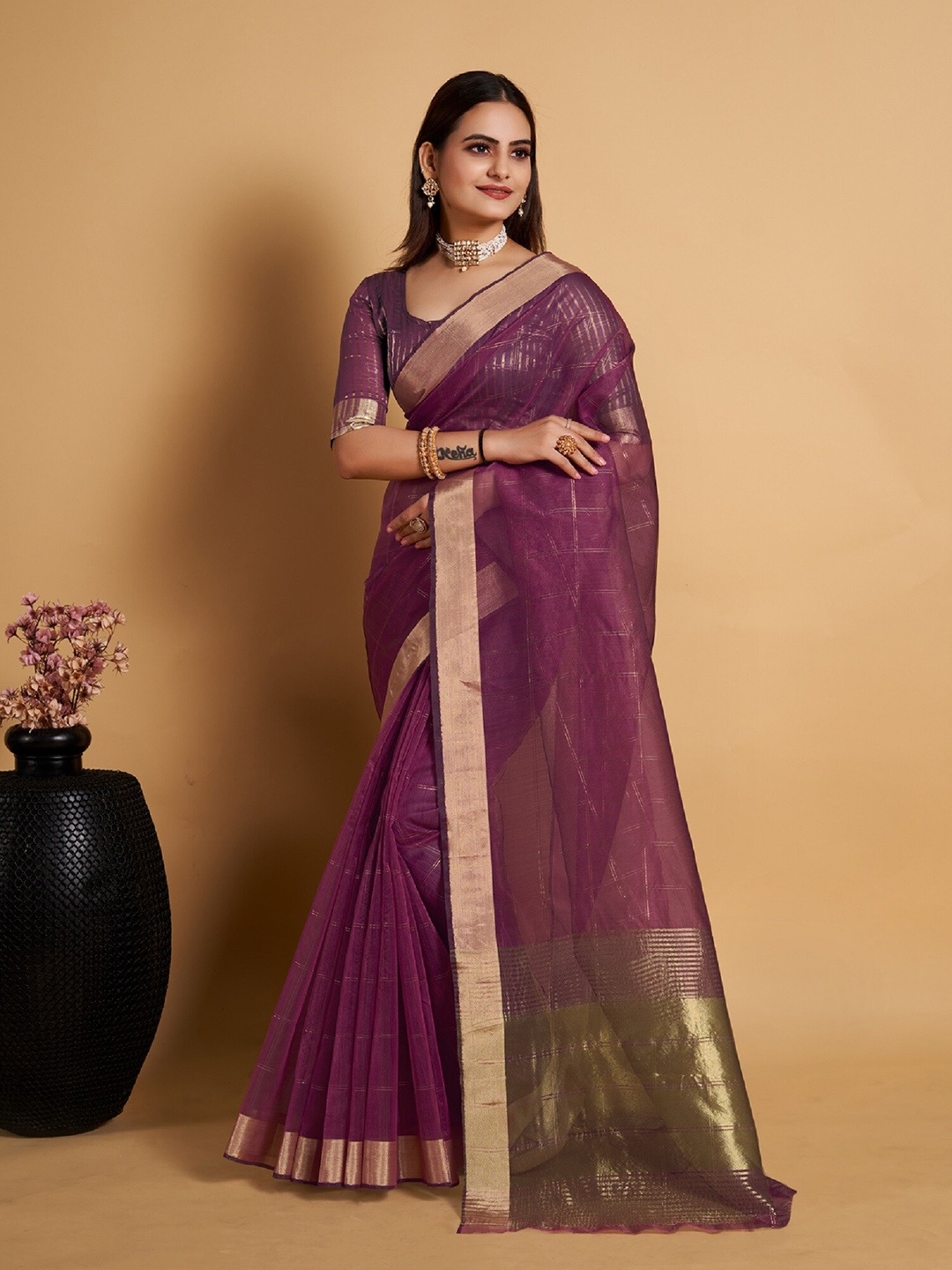 

KALINI Checked Woven Design Zari Organza Saree, Purple