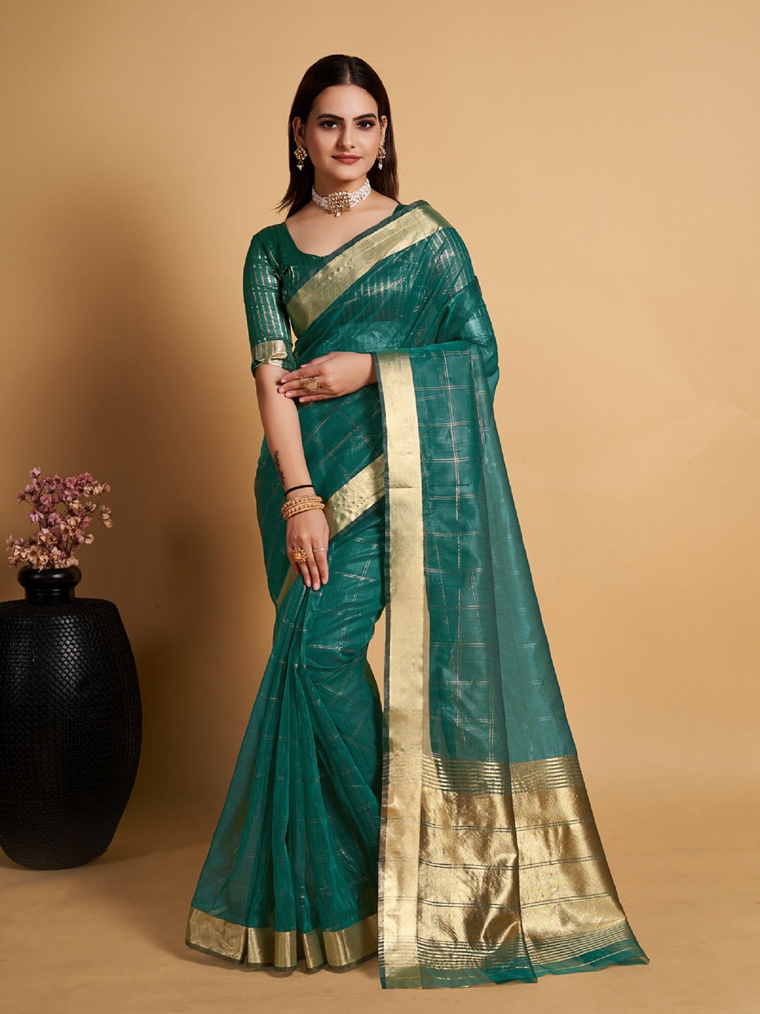 

KALINI Checked Woven Design Zari Bordered Saree, Green