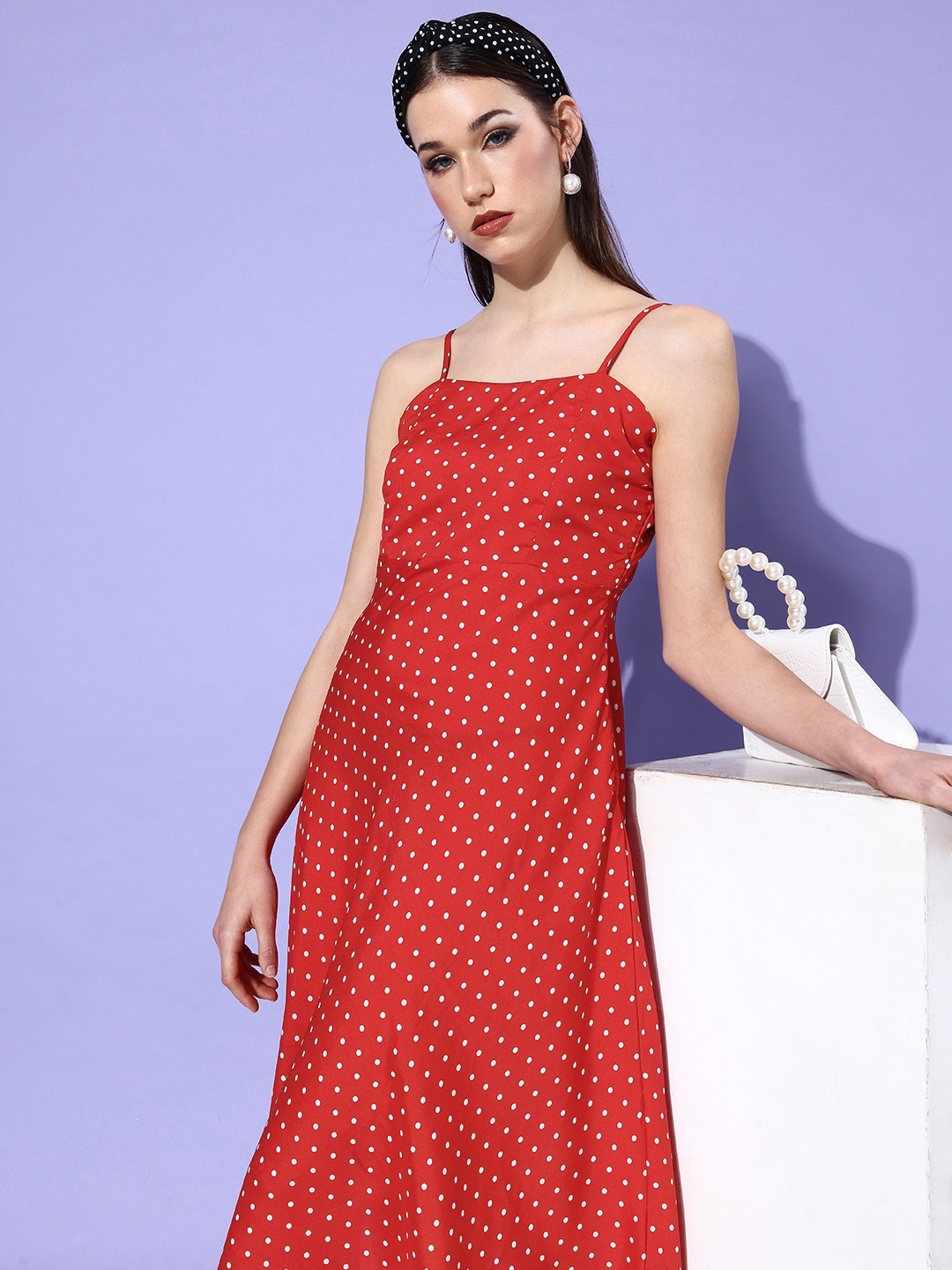 

ANVI Be Yourself Polka Dots Printed Crepe A-Line Midi Dress, Maroon