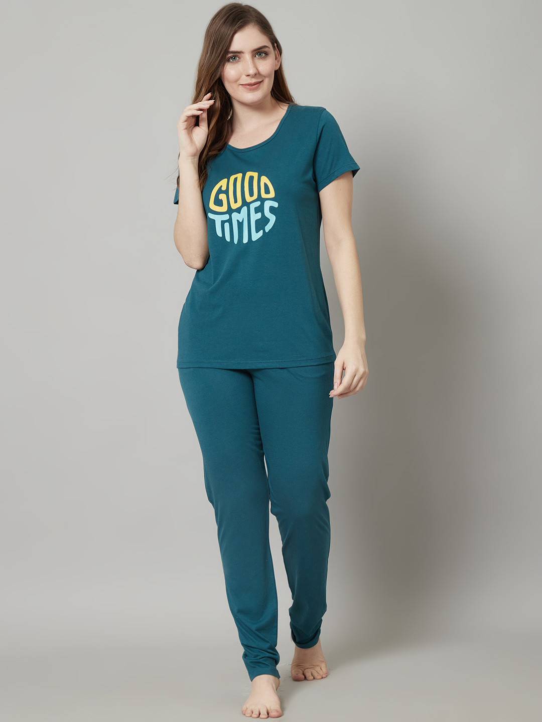 

Kanvin Typography Printed Night Suit, Teal