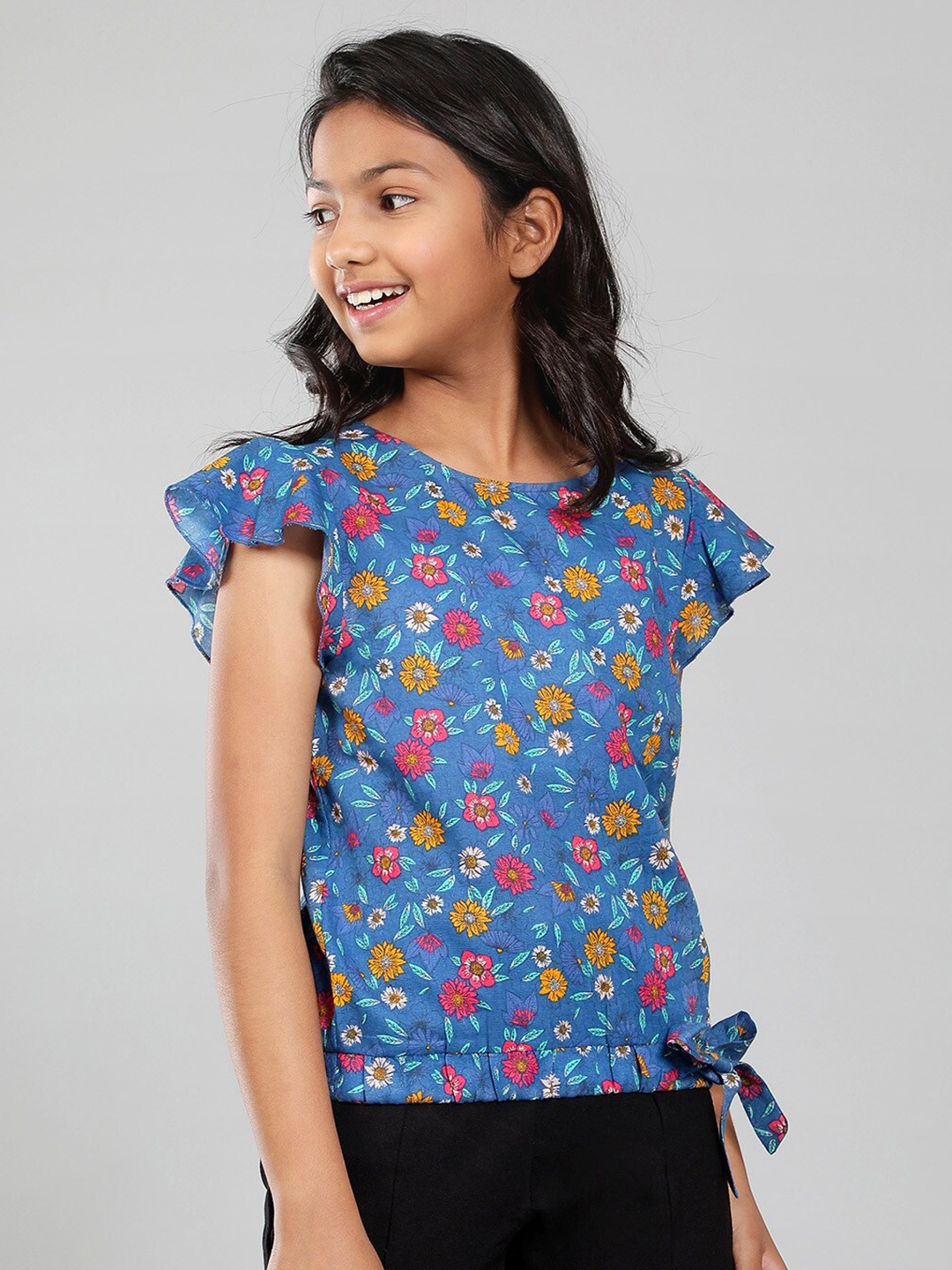 

CACA CINA Flutter Sleeves Waist Tie-Up Floral Printed Cotton Top, Blue