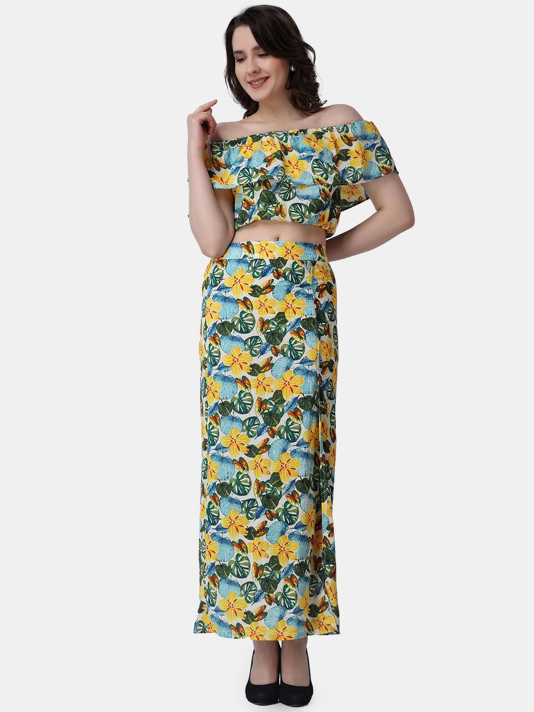 

Popwings Women Printed Crop Top & Skirt Co-Ord Set, Green