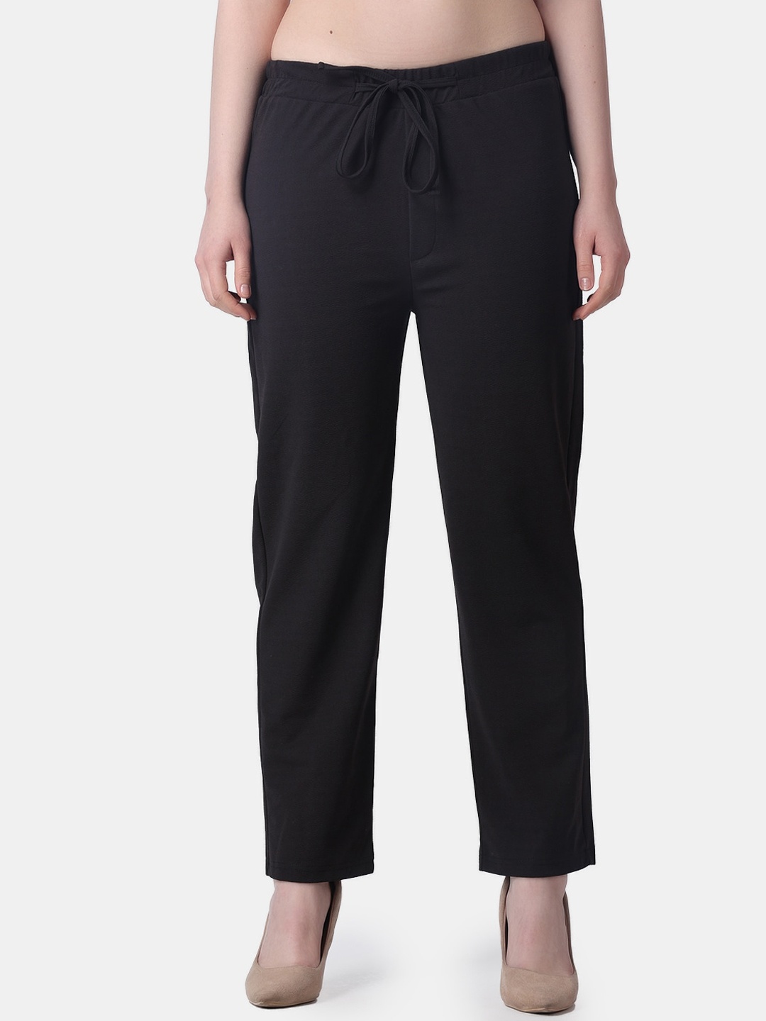 

Popwings Women Mid Rise Relaxed Easy Wash Trousers, Black