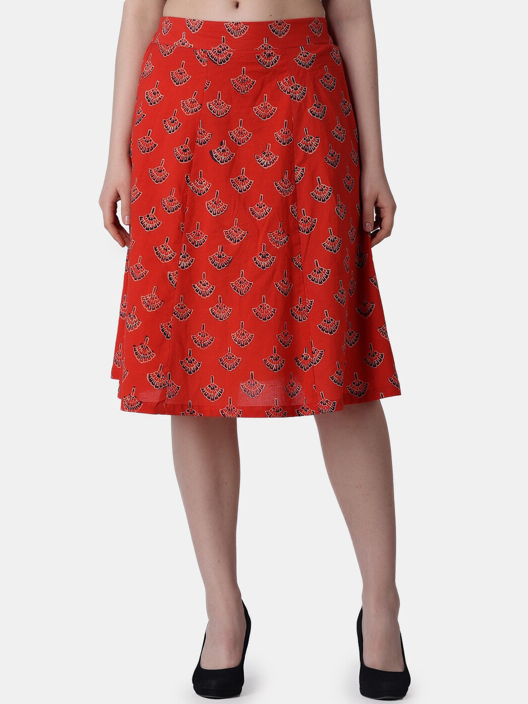 

Popwings Ethnic Printed Pure Cotton A Line Knee Length Skirt, Red