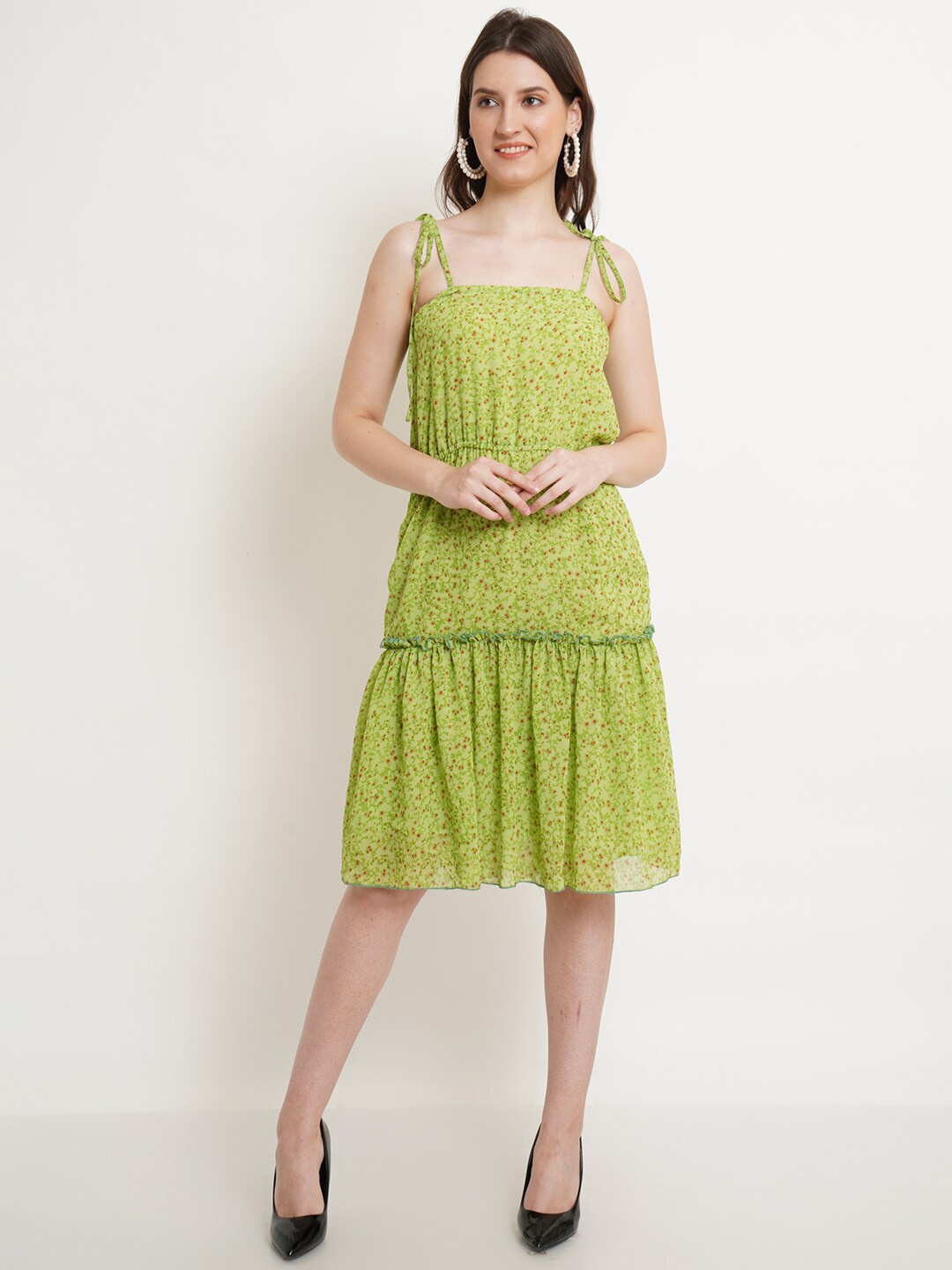 

Popwings Floral Printed Tie-Up Neck Flounce A-Line Dress, Green