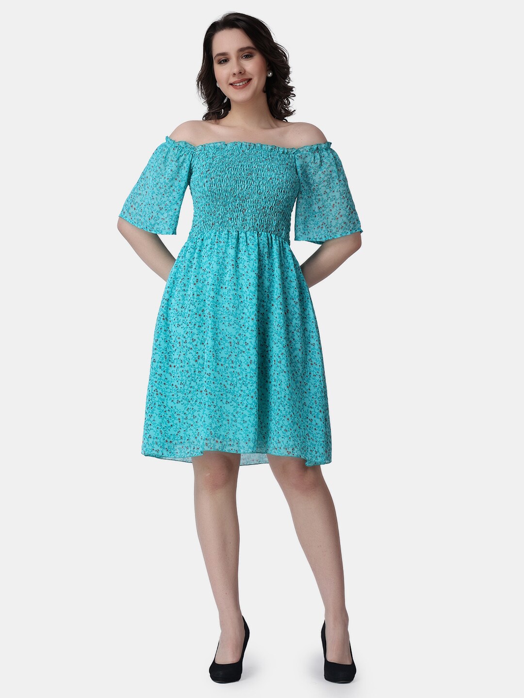 

Popwings Floral Printed Off Shoulder Smocked Georgette Fit & Flare Dress, Turquoise blue