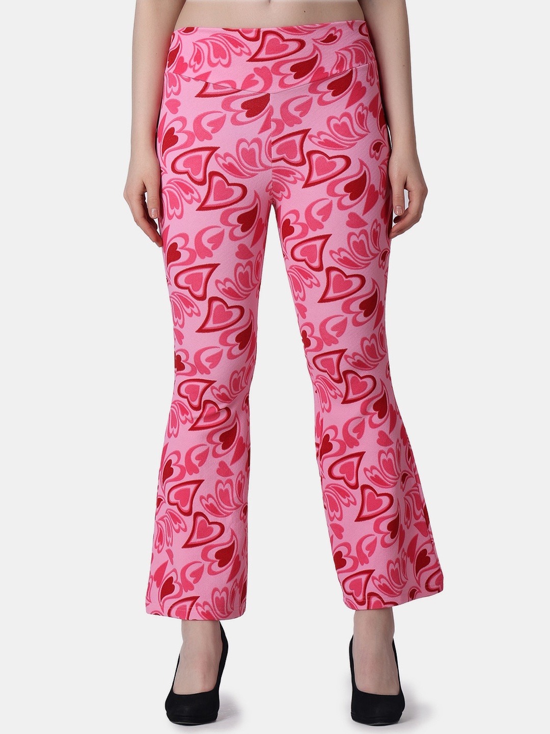 

Popwings Women Conversational Printed Relaxed Easy Wash Bootcut Trousers, Pink
