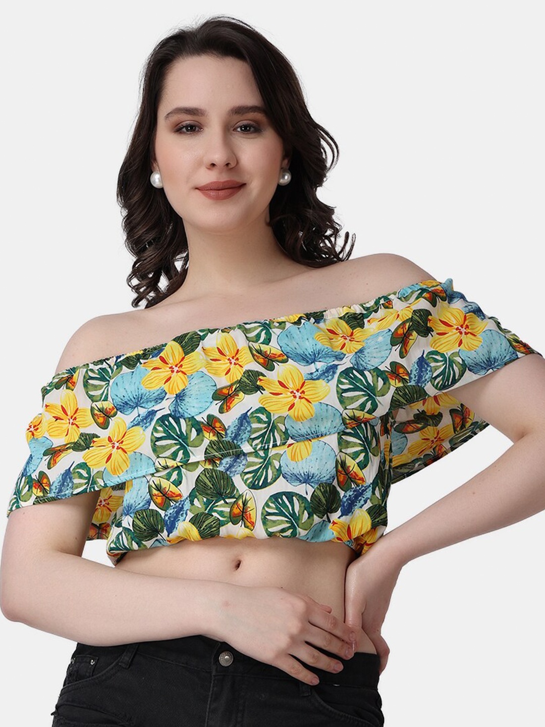 

Popwings Floral Print Off-Shoulder Bardot Crop Top, Yellow