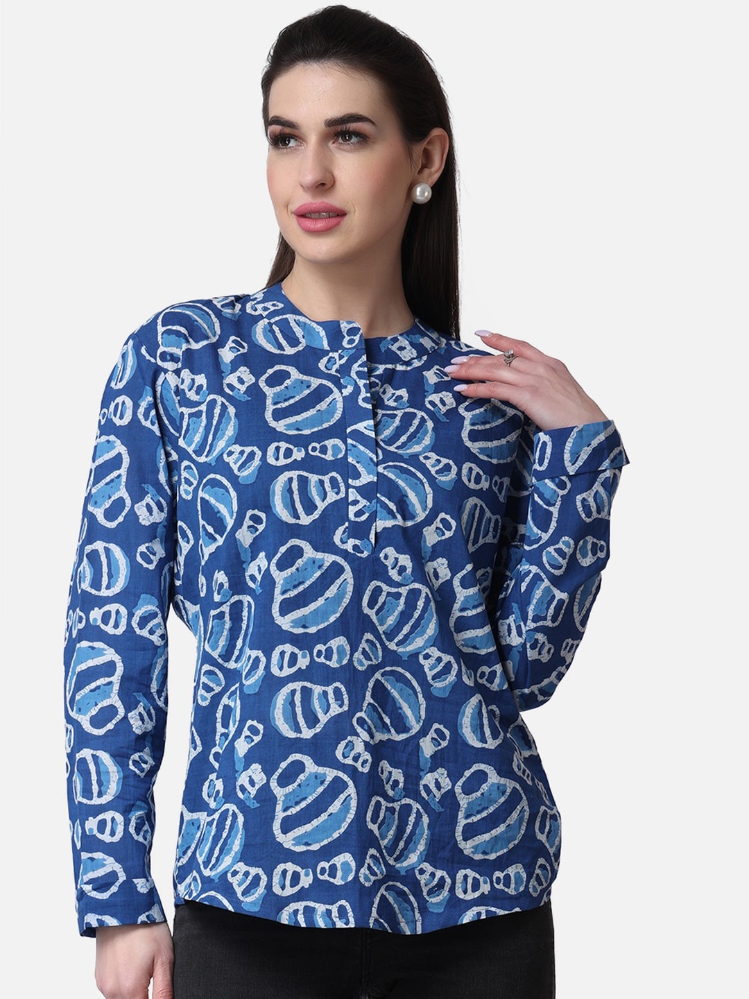 

Popwings Ethnic Motifs Printed Pure Cotton Shirt Style Top, Blue