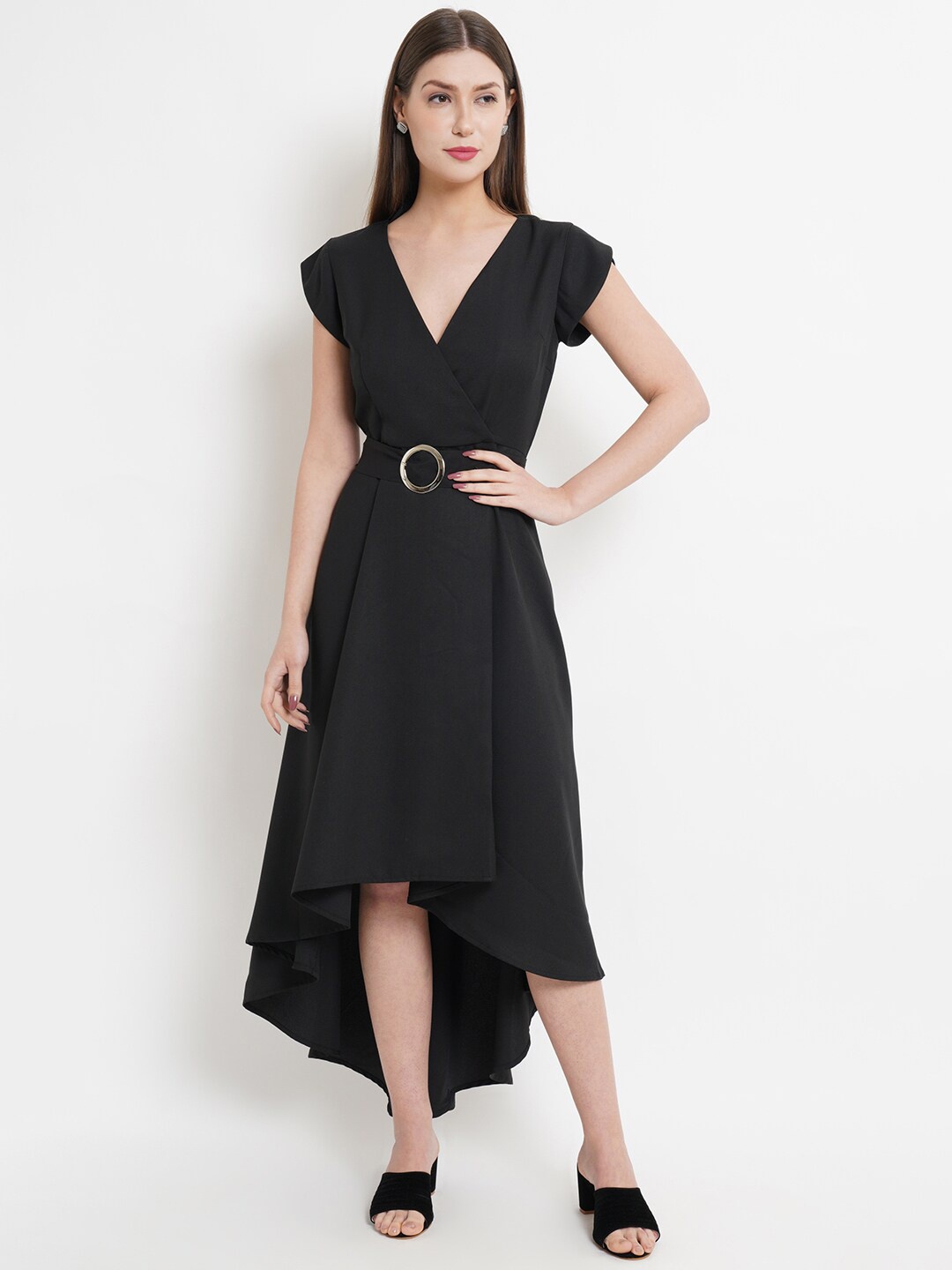 

Purple State V-Neck High-Low Midi Dress With Belt, Black