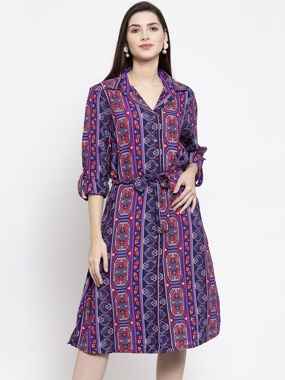 

Purple State Shirt Collar Ethnic Motifs Shirt Dress