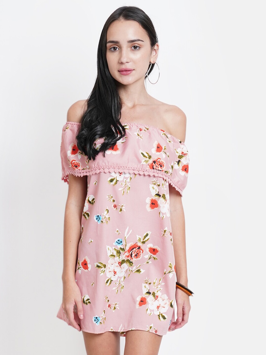 

Purple State Floral Printed Off Shoulder A-Line Mini Dress, Peach