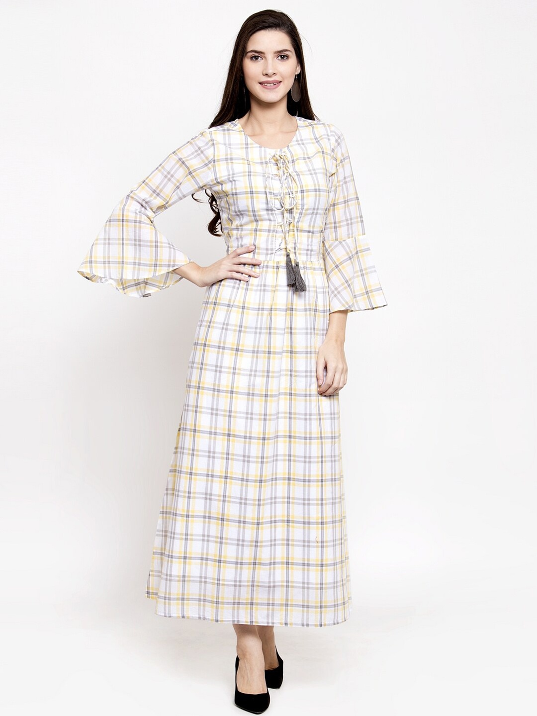 

Purple State Checked Bell Sleeves Tie-Up Cotton Maxi Dress, White