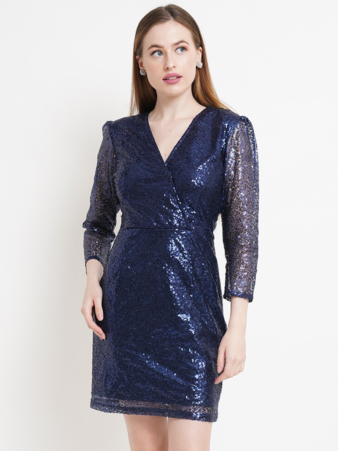 

Purple State Sequined Embellished Puff Sleeves Wrap Dress, Navy blue