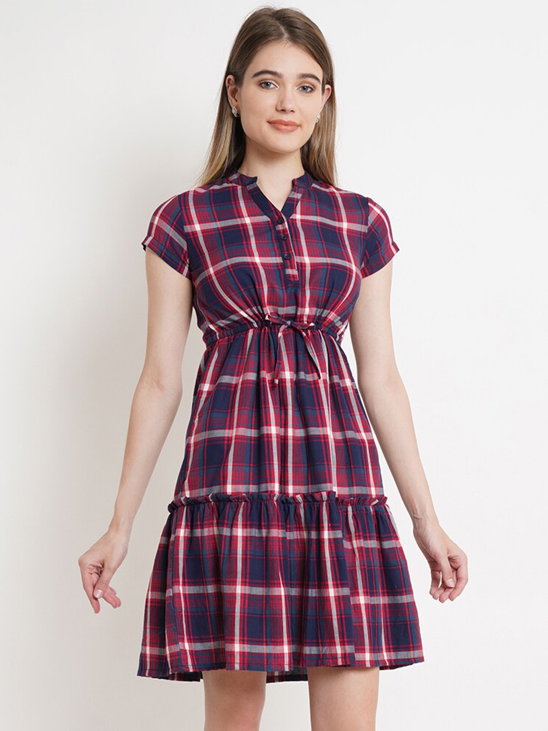 

Purple State Checked Mandarin Collar Dress, Maroon