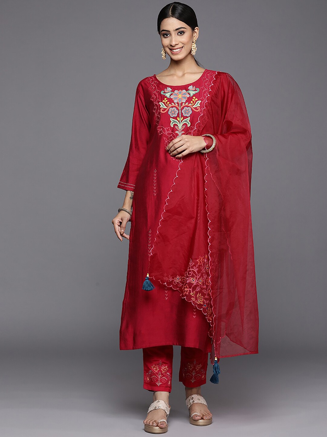 

Indo Era Floral Embroidered Beads & Stones Kurta With Trousers & Dupatta, Red