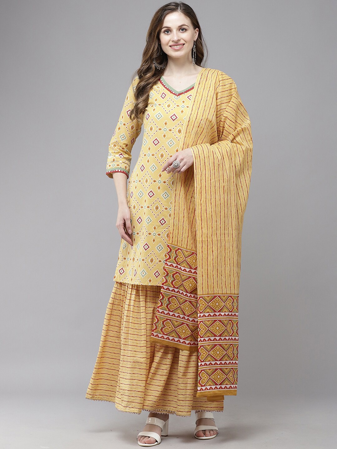 

Indo Era Geometric Printed Kurta With Sharara & Dupatta, Yellow