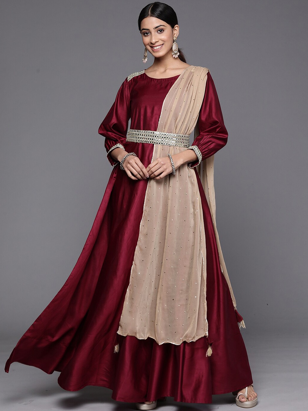 

Indo Era A-Line Kurta With Mirror Work Belt and Dupatta, Purple