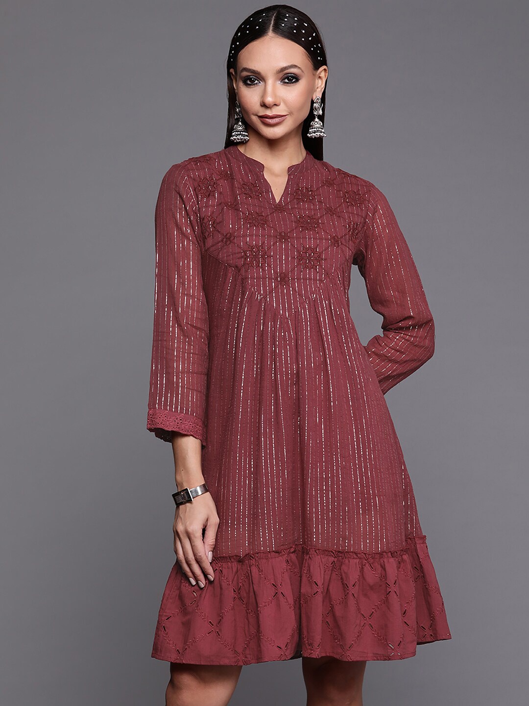 

Indo Era Self Design Band Collar Flounce Cotton A-Line Ethnic Dress, Maroon