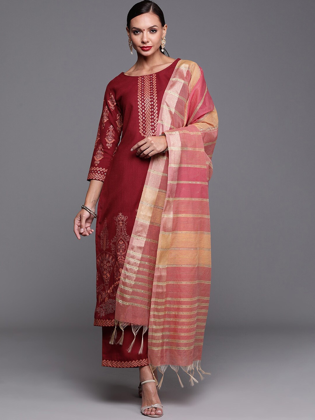 

Indo Era Ethnic Motifs Printed Kurta With Palazzos & Dupatta, Maroon