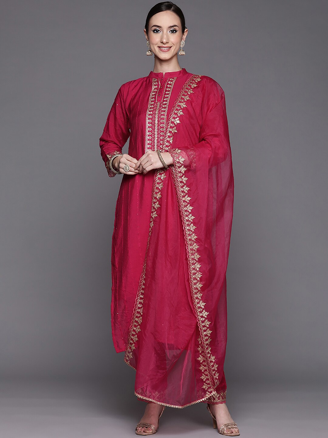 

Indo Era Floral Embroidered Sequinned Kurta with Trousers & Dupatta, Pink