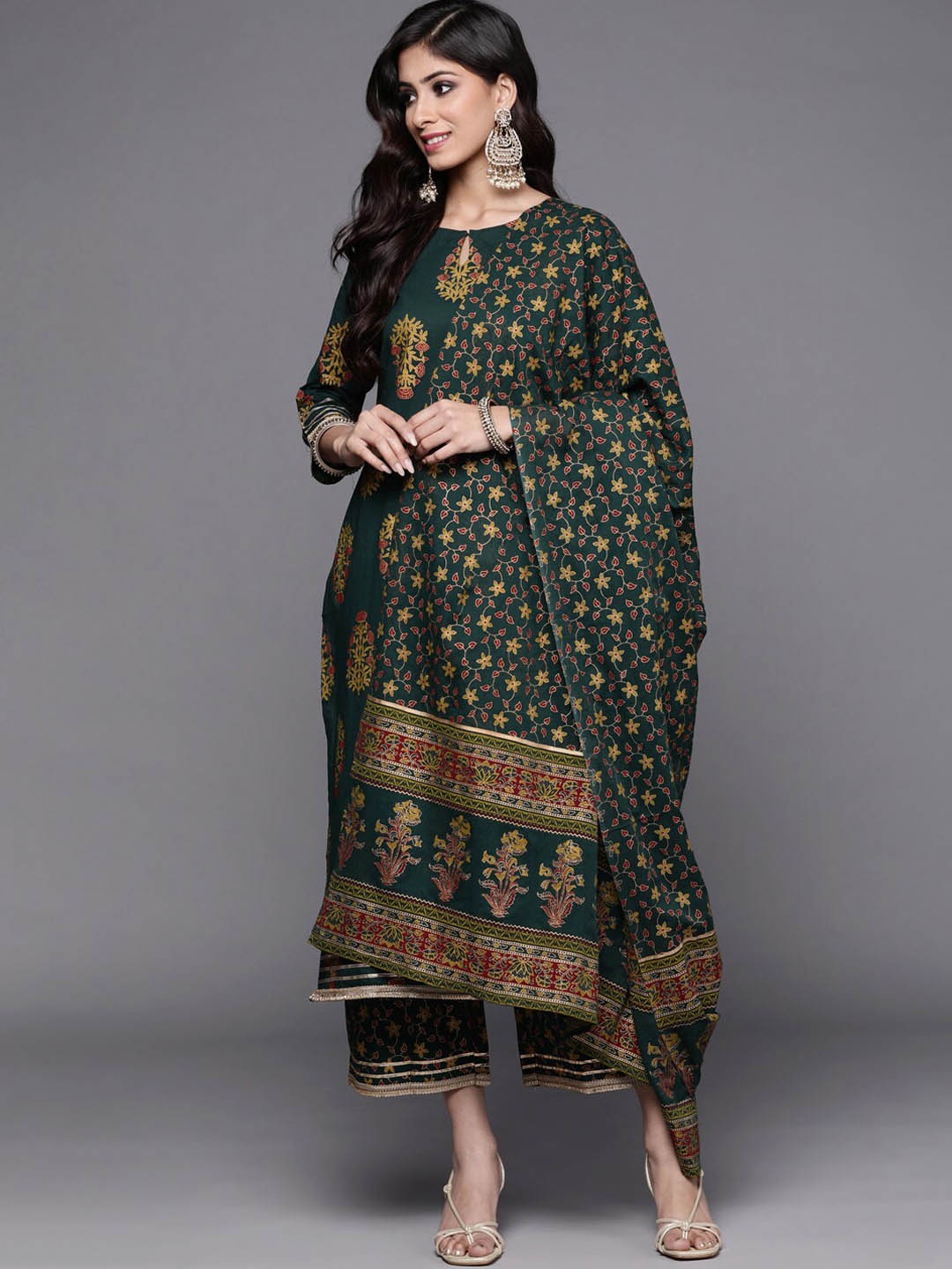 

Indo Era Floral Printed Kurta with Trousers & Dupatta, Green
