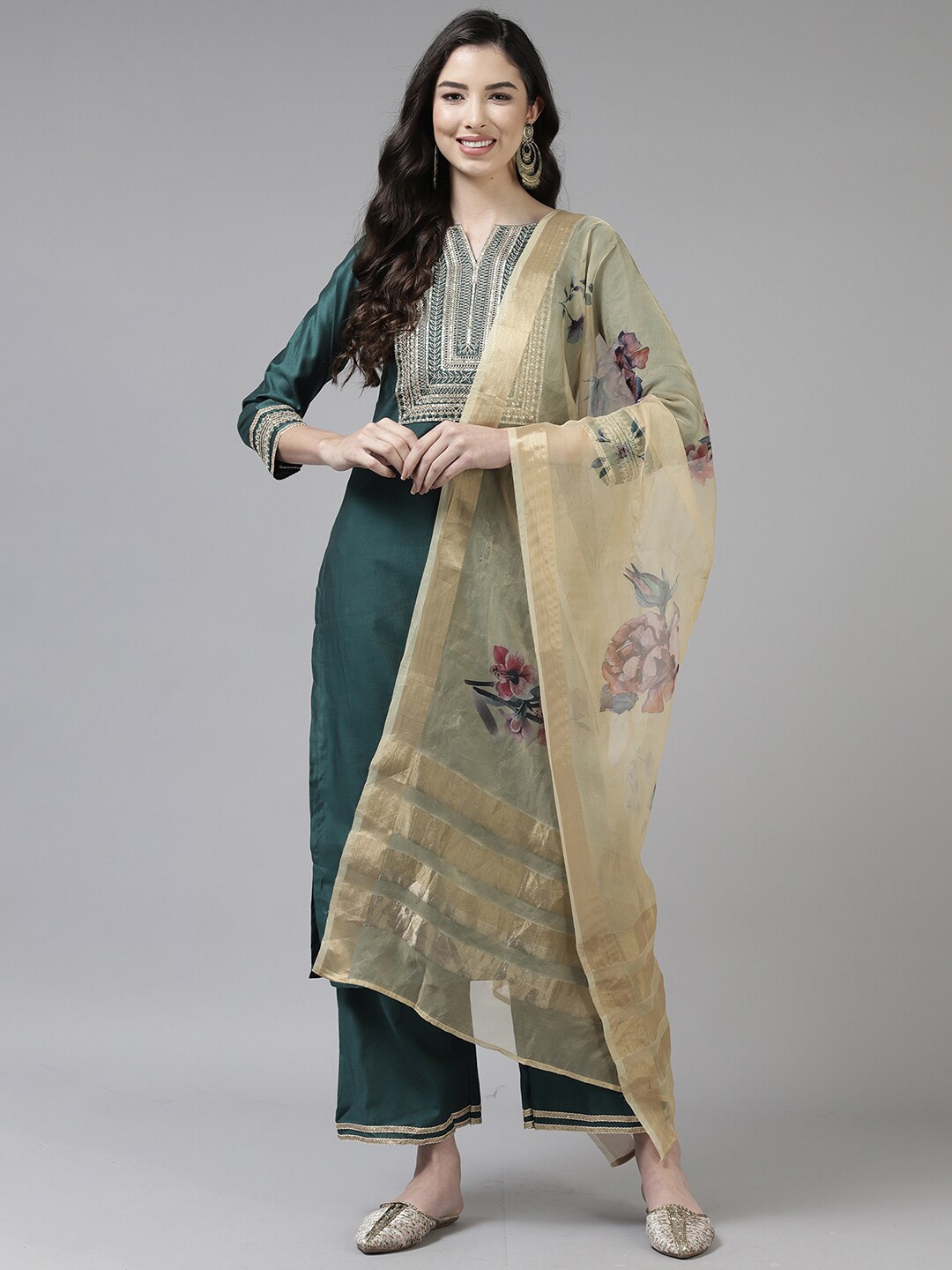 

Indo Era Floral Embroidered Sequinned Liva Kurta with Trousers & Dupatta, Teal