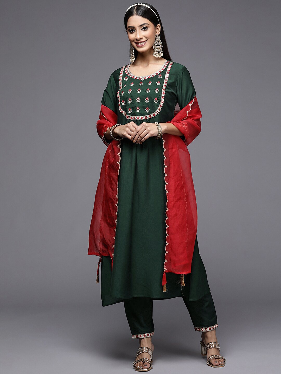 

Indo Era Floral Embroidered Mirror Work Anarkali Kurta With Trousers & Dupatta, Green