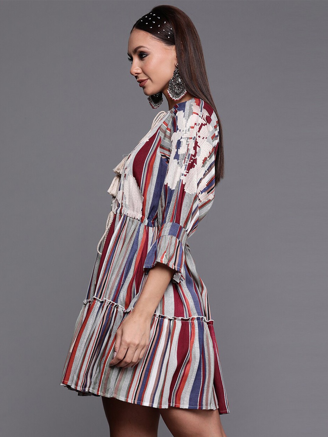 

Indo Era Striped Tie-Up Neck Bell Sleeves Tiered Cotton Mini A-Line Dress, Navy blue