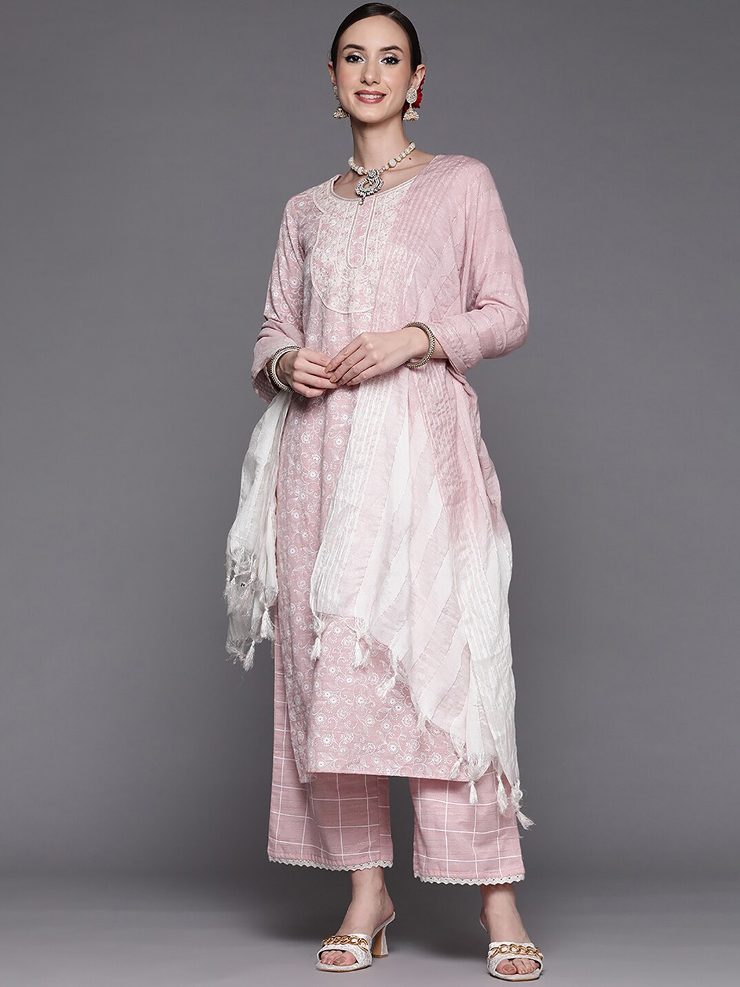 

Indo Era Floral Embroidered Thread Work Kurta with Trousers & Dupatta, Pink