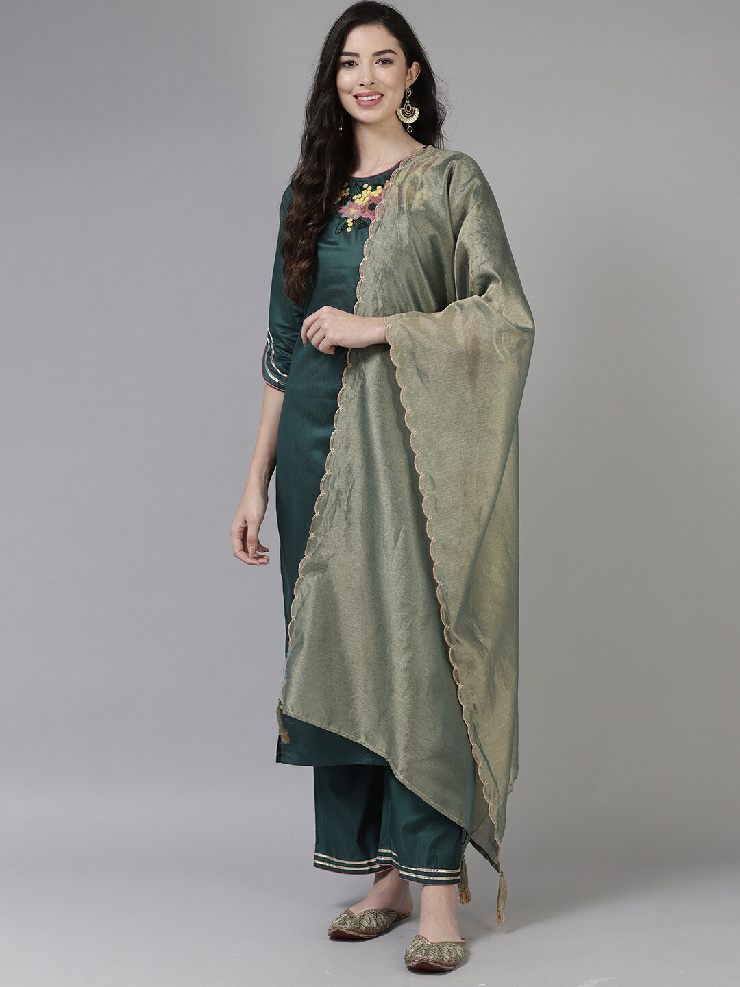 

Indo Era Floral Embroidered Thread Work Liva Kurta with Palazzos & Dupatta, Teal