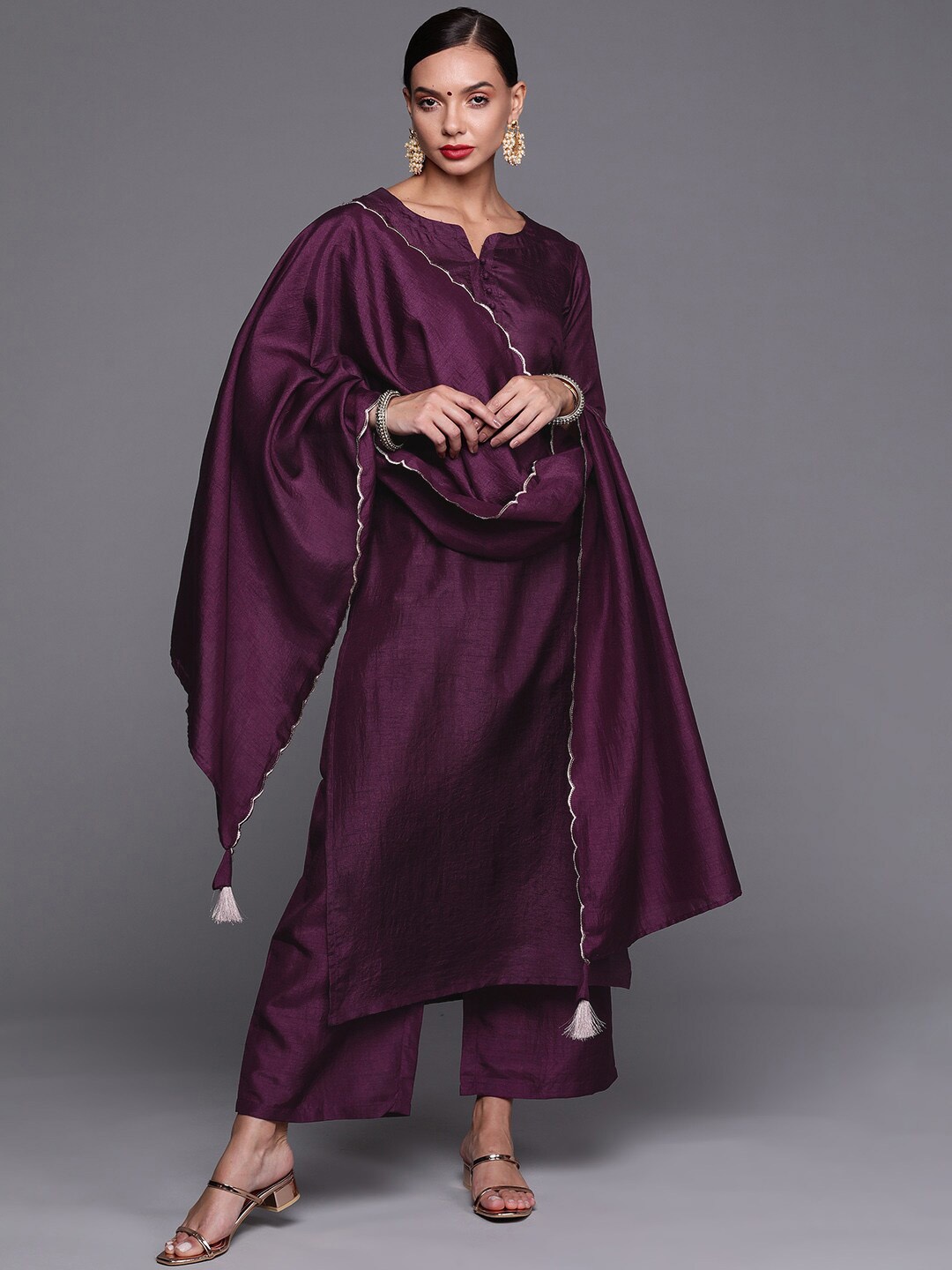 

Indo Era Straight Kurta with Trousers & Dupatta, Magenta