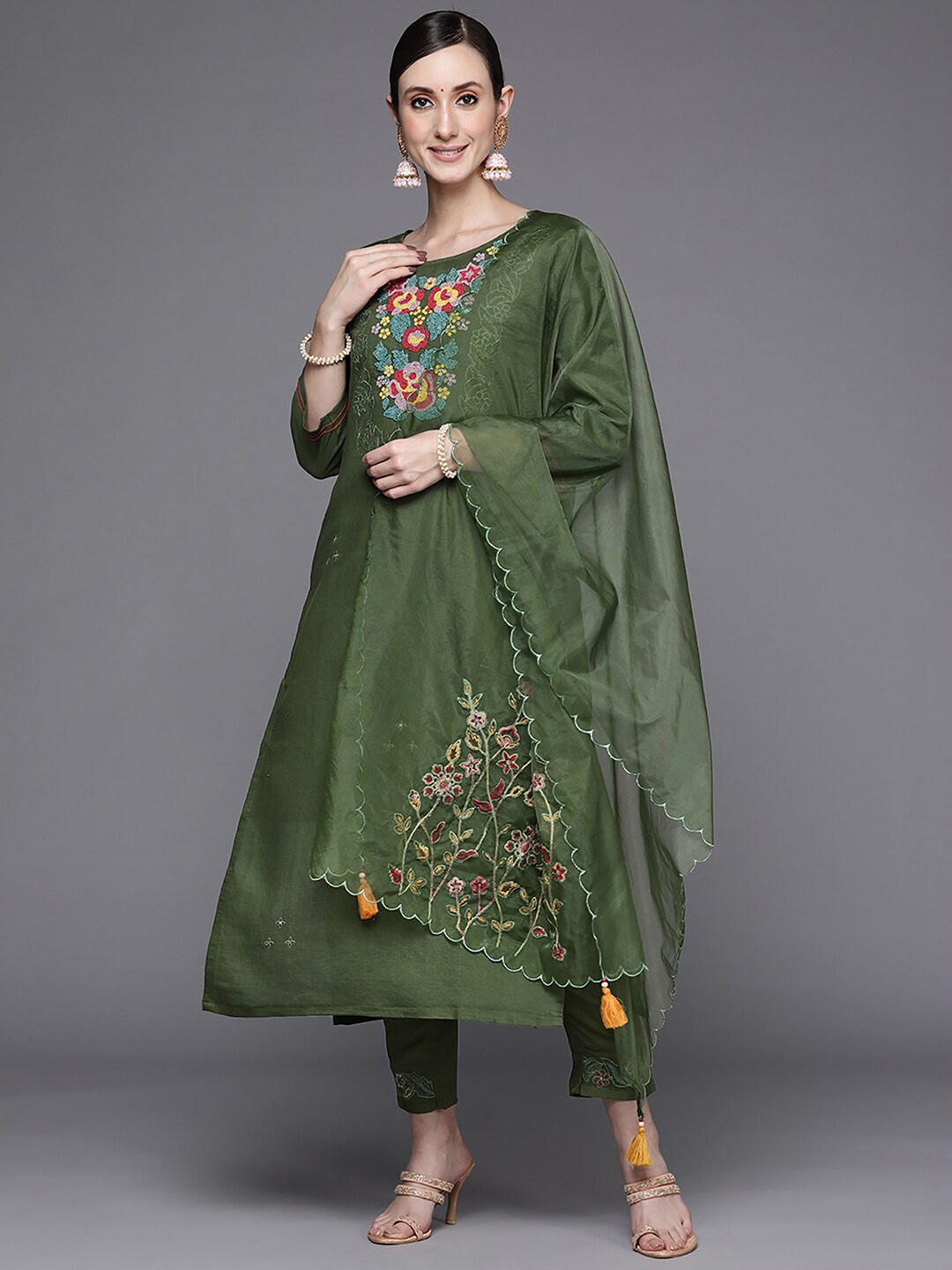 

Indo Era Floral Embroidered Beads And Stones Kurta with Trousers & Dupatta, Green