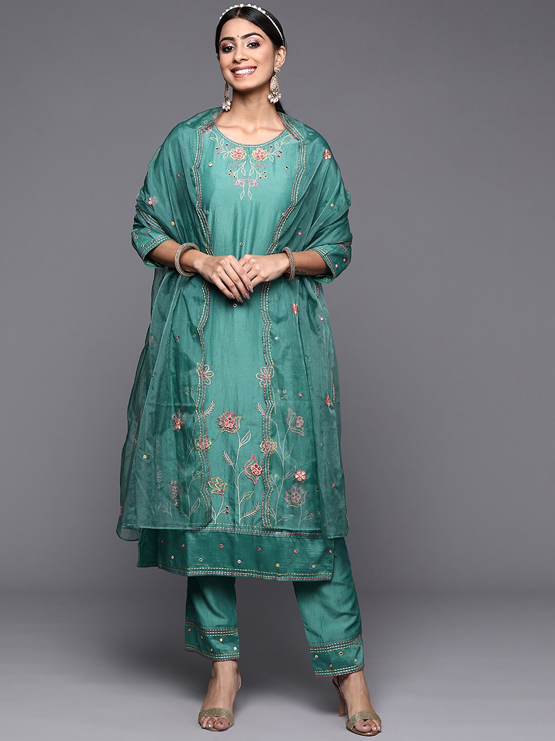 

Indo Era Floral Embroidered Mirror Work Kurta with Trousers & Dupatta, Green