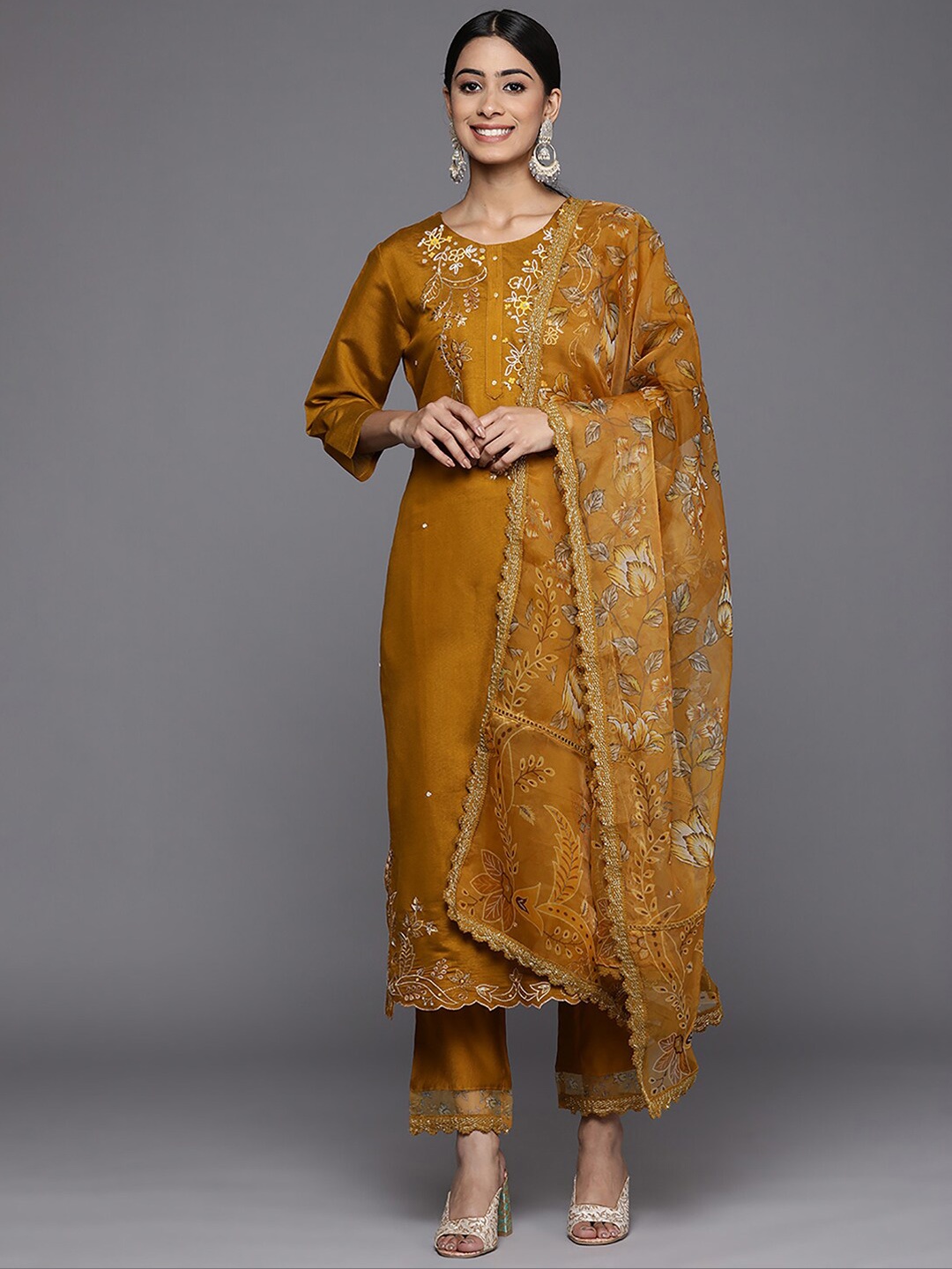 

Indo Era Floral Embroidered Beads And Stones Kurta with Trousers & Dupatta, Mustard